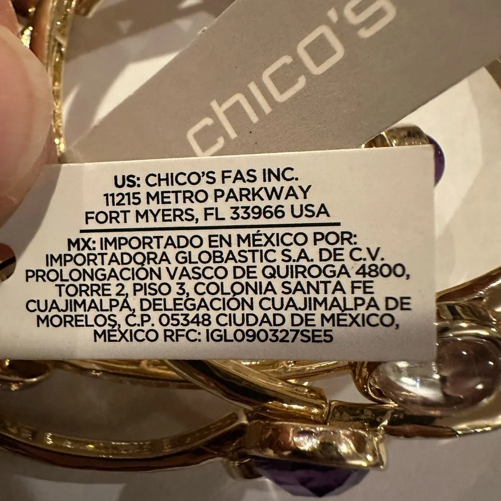 Chico's Gold stretch Bangles with Purple and Silver Accents.  Three (3).